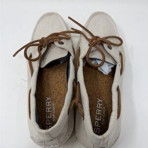 Sperry Cream Canvas Boat Shoes with Brown Laces